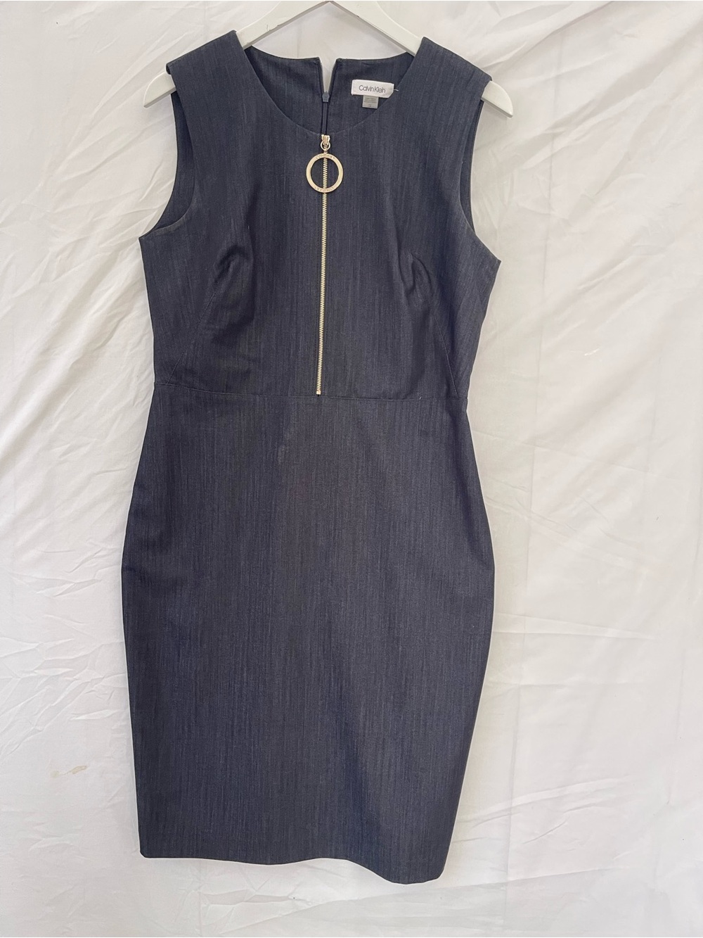 Calvin Klein Sleeveless Sheath Dress in Dark Navy with Gold Zip